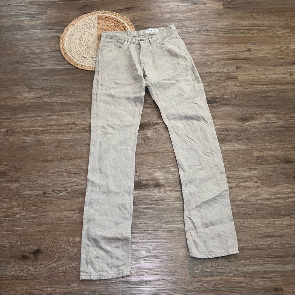 GUSTIN Selvedge Light Tan Button Fly Slim Fit Mens Jeans